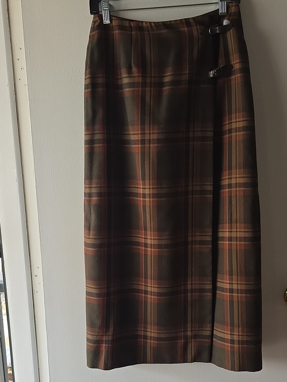 Rare Vintage 1990's Casual Corner Brown, Olive Green & Rust Plaid  Midi Skirt